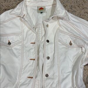 Farm Rio Mini Bomber Jacket Denim Off White Orange Stitch Detail Button Up M